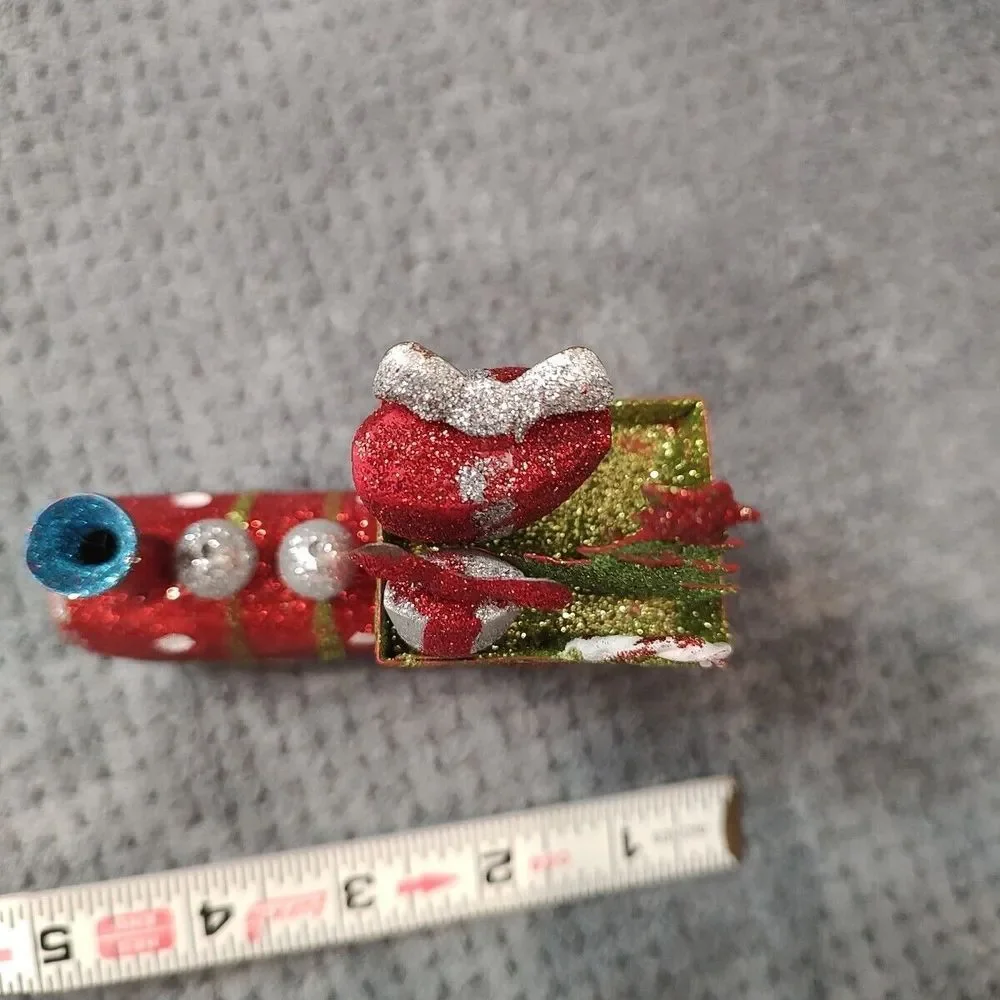 Metal Train‎ Locomotive Engine Christmas Ornament Decoration Glitter Green Red
